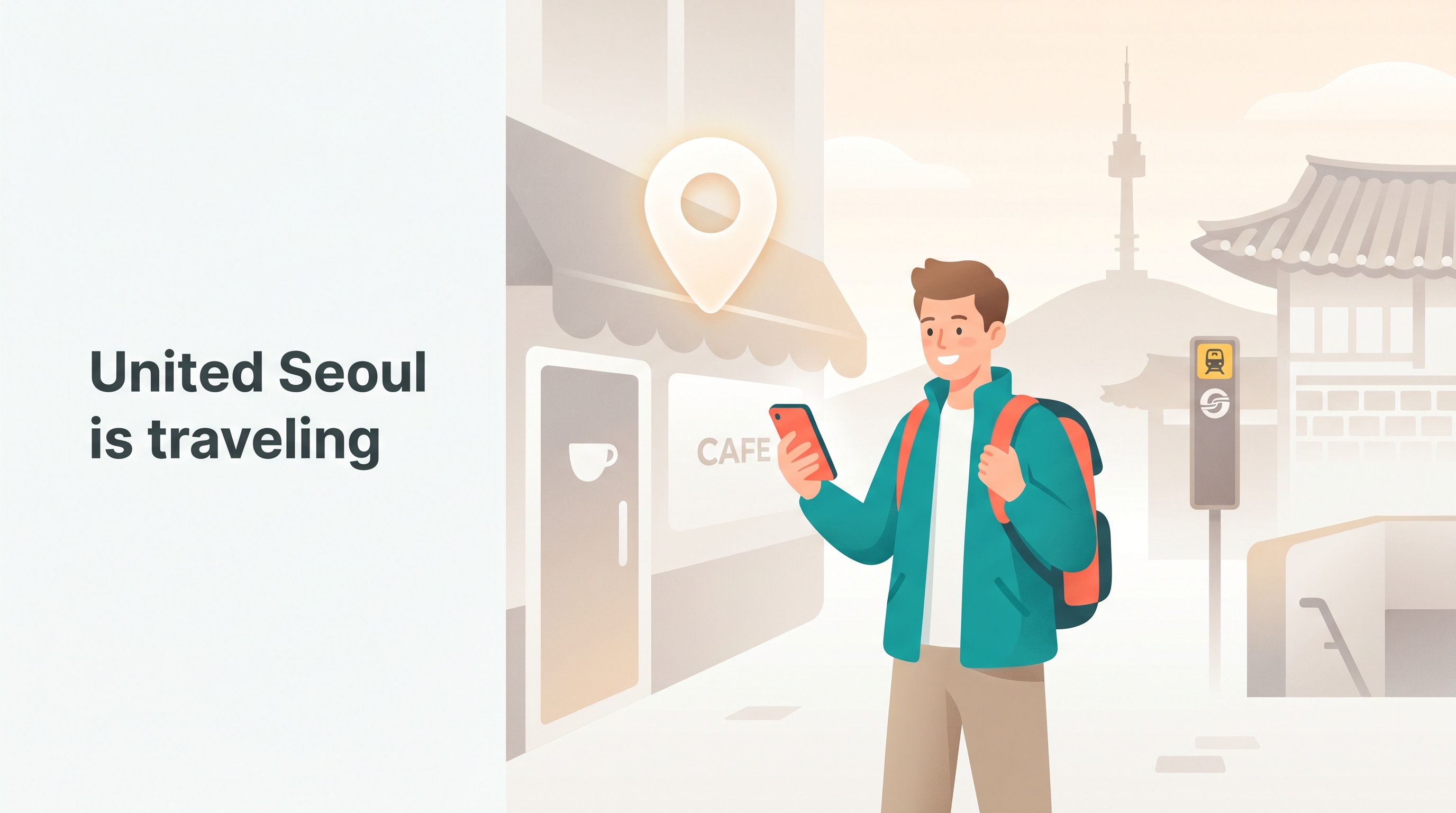 A traveler checking Bballi on their phone on a Seoul street, with Namsan Tower and a hanok gate in the background