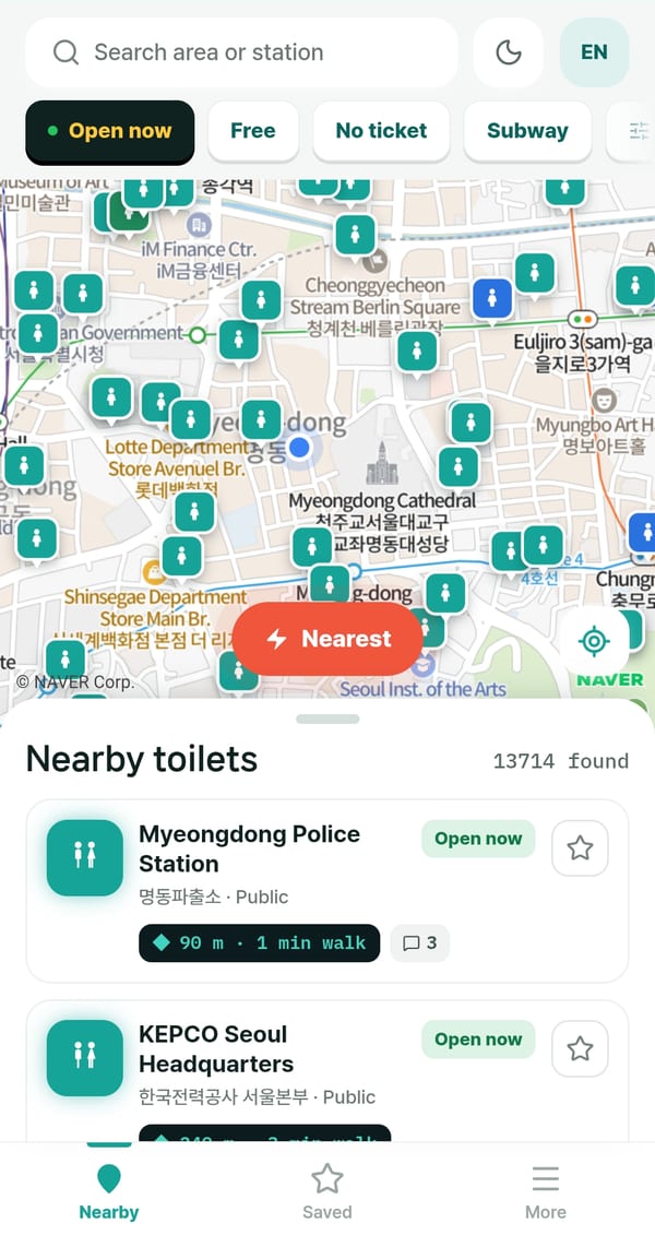Bballi app — nearby toilets on the map in Myeongdong, Seoul